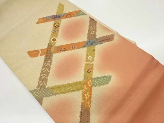 金通し金彩斜線に幾何学模様織出し名古屋帯